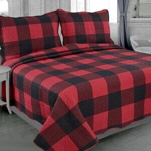 New Red & Black Buffalo Plaid Reversible Quilt Set • KING
